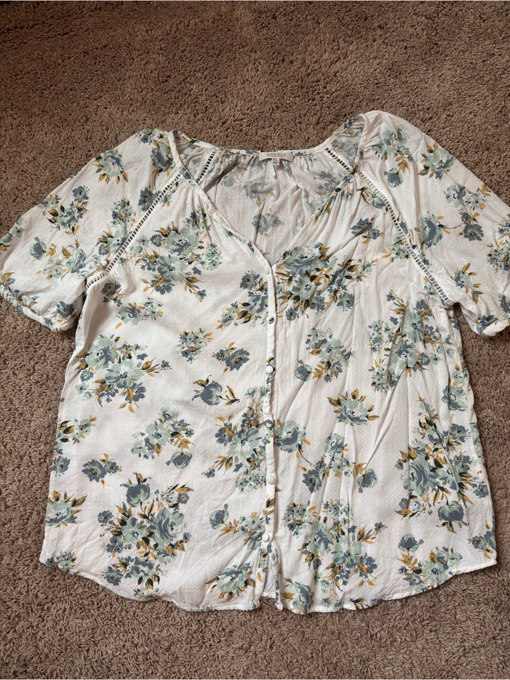 Angels Cream Floral Button-Front Blouse with Pale Green Print